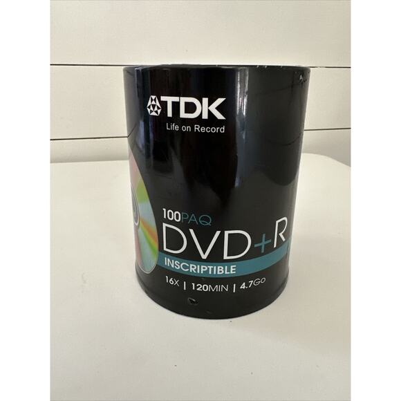 TDK DVD+R Recordable 16X 4.7Gb 100 Pack Spindle - New, Factory Sealed - Picture 1 of 3